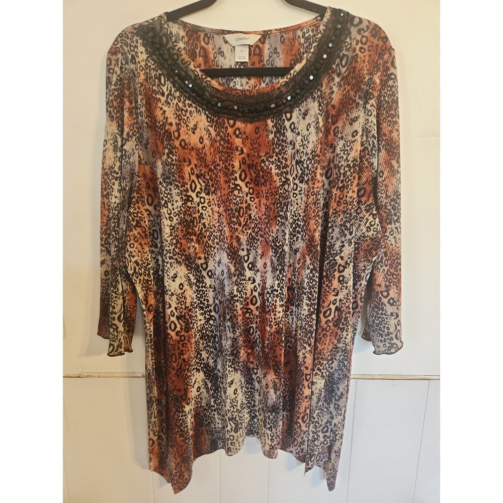 CJ Banks Women's 2X Plus Size Animal‎ Print Blouse Embellished Neckline Stretch
